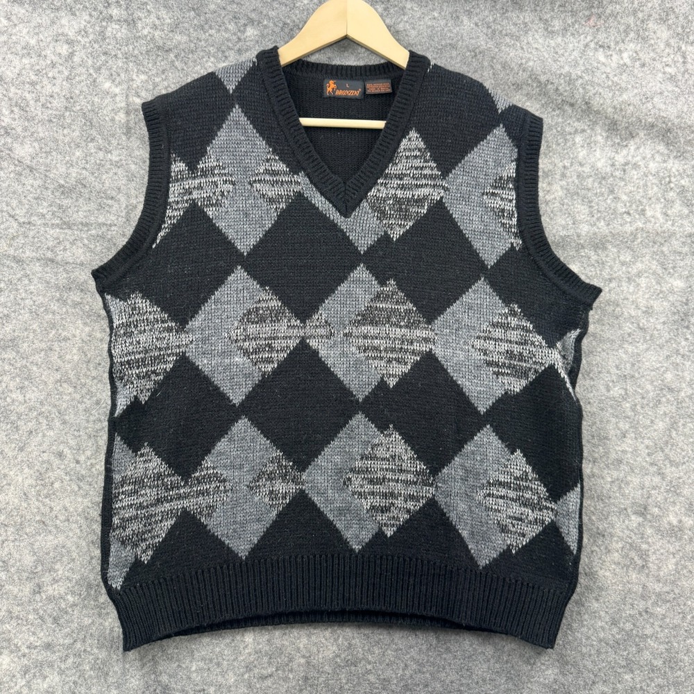 Bronzini Sweater Vest Mens Large Black Gray Argyle Merino Wool Mohair Grandpa